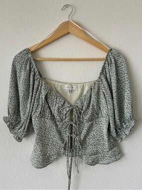 ACOA Green Floral Tie-Front satin Puff Sleeve Blouse